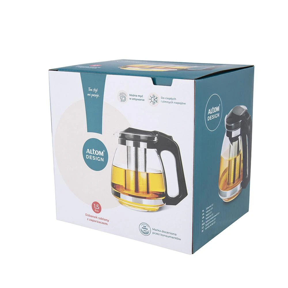 Juodas stiklinis arbatinukas 1,5 l su filtru