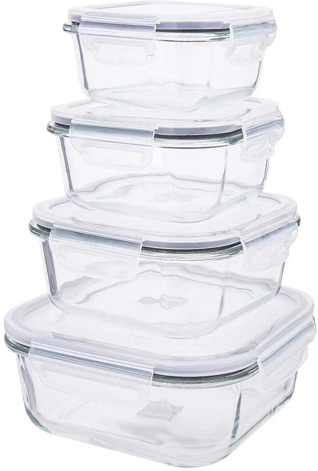 Kvadratinis sodos kalkių stiklinis maisto indas su PP dangteliu 750 ml 15,8x15,8x7 cm