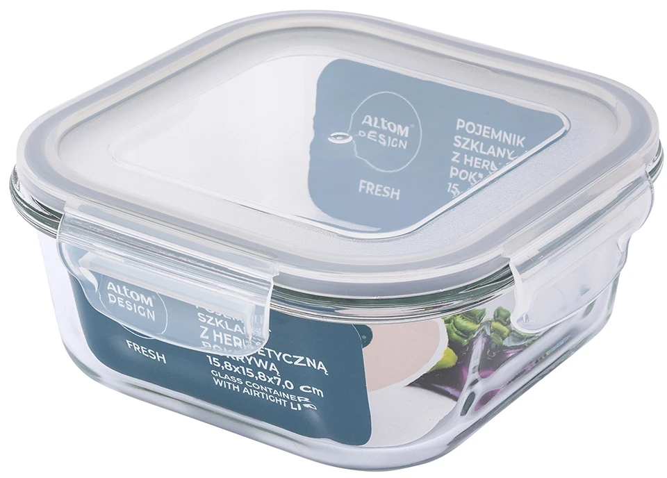 Kvadratinis sodos kalkių stiklinis maisto indas su PP dangteliu 750 ml 15,8x15,8x7 cm
