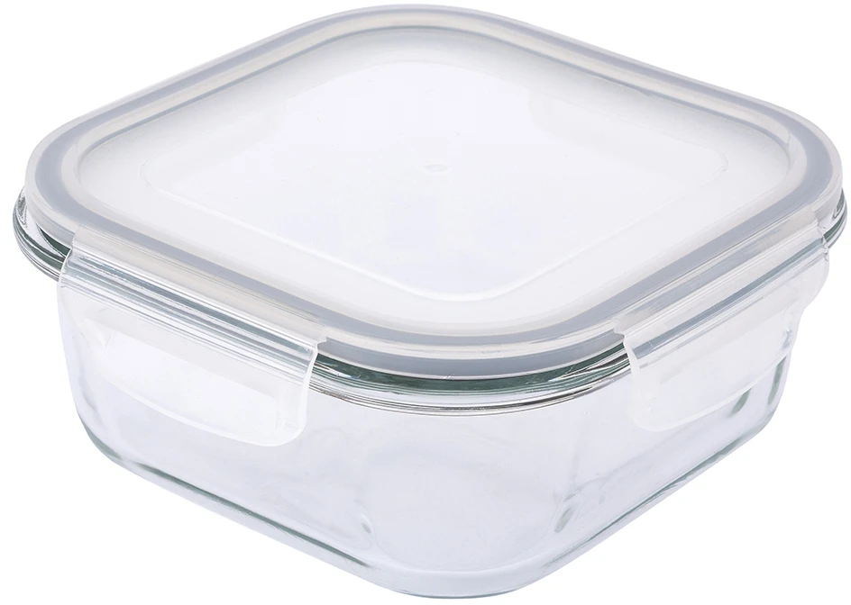 Kvadratinis sodos kalkių stiklinis maisto indas su PP dangteliu 750 ml 15,8x15,8x7 cm