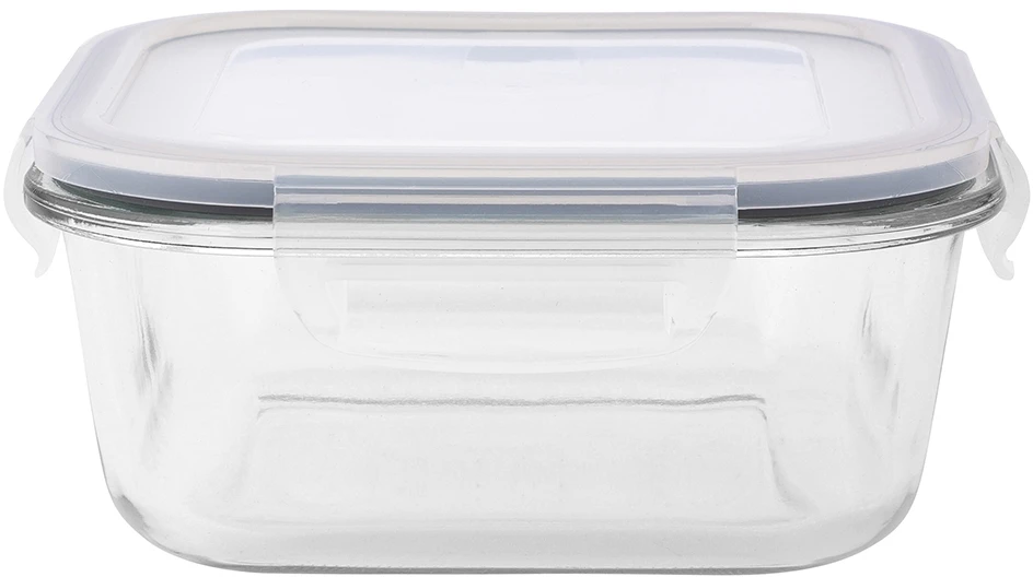 Kvadratinis sodos kalkių stiklinis maisto indas su PP dangteliu 750 ml 15,8x15,8x7 cm