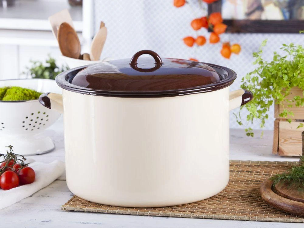 Emaliuotas virimo puodas 13,6 l skersmuo 30cm | aukštis 20cm | kreminės/rudos spalvos, su dangčiu