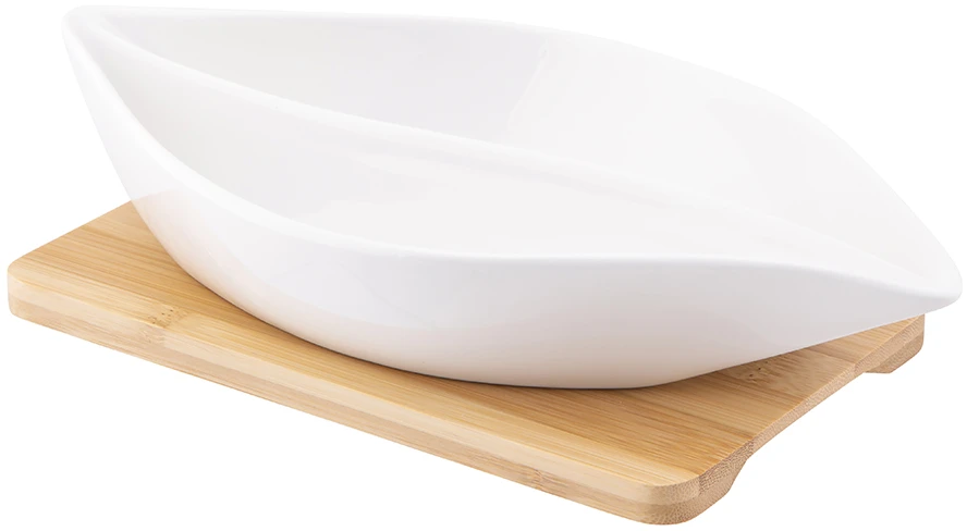 Regular divided dish made of cream porcelain 26x14x4 cm on a bamboo base 19.5x19.5x1 cm