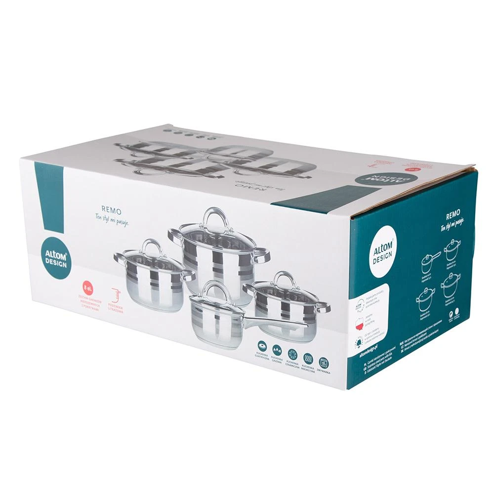 Altom Design Steel Remo 8 dalių nerūdijančio plieno virtuvės reikmenų rinkinys 14 cm, 16 cm, 18 cm, 22 cm