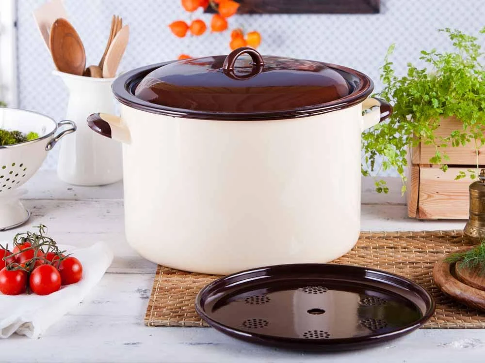 Emaliuotas virimo puodas 13,6 l skersmuo 30cm | aukštis 20cm | kreminės/rudos spalvos, su dangčiu
