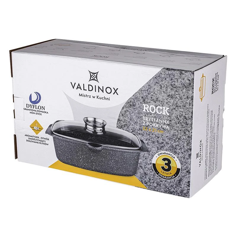 „Valdinox Rock“ stačiakampė kepimo skarda 32 cm x 21 cm su stikliniu dangčiu (5,7 l + 2,4 l)