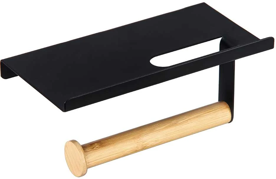 Bamboo Juodas metalinis tualetinio popieriaus ir mobiliojo telefono laikiklis su bambuko koteliu 18x10x7,5 cm spalvota dėžutė
