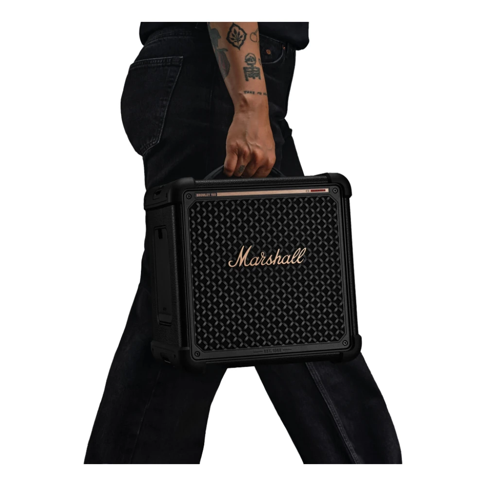 Nešiojama kolonėlė Marshall „Bromley 150“, juoda su žalvario spalvos detalėmis