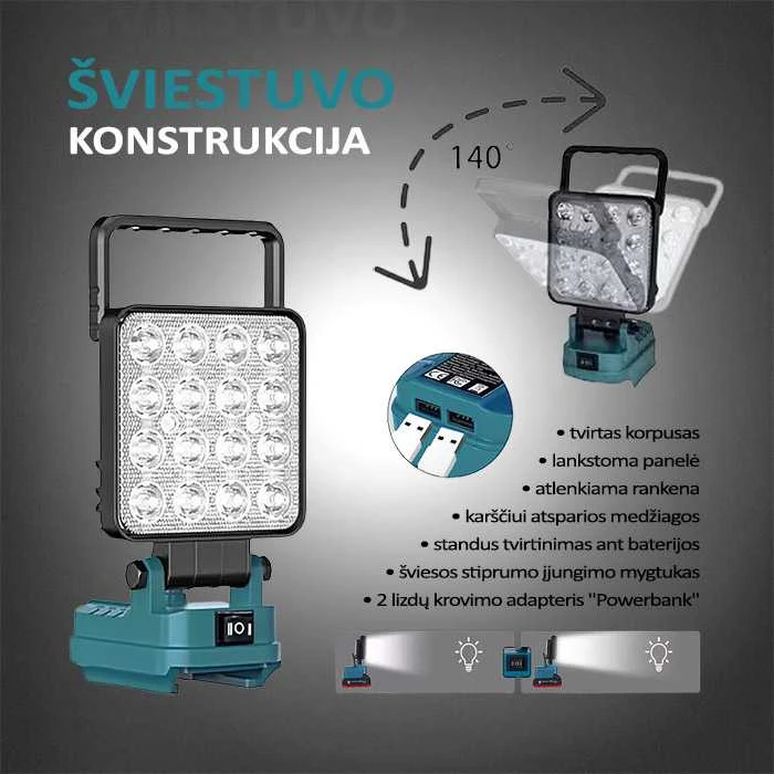 GZT LED šviestuvas Makita akumuliatoriams 18V L16 500 Lm 10W USB2A-R