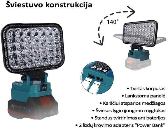 GZT LED šviestuvas Makita akumuliatoriams 18V L35 1900 Lm 15W USB2A