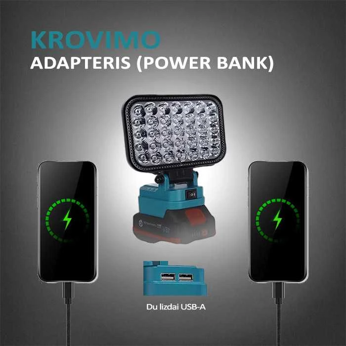 GZT LED šviestuvas Makita akumuliatoriams 18V L35 1900 Lm 15W USB2A