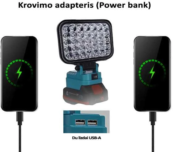 GZT LED šviestuvas Makita akumuliatoriams 18V L35 1900 Lm 15W USB2A