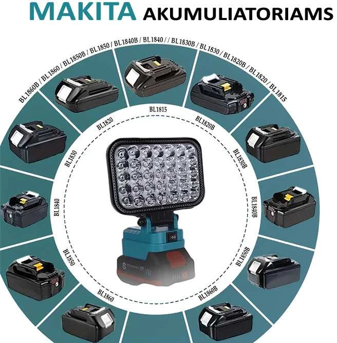 GZT LED šviestuvas Makita akumuliatoriams 18V L35 1900 Lm 15W USB2A