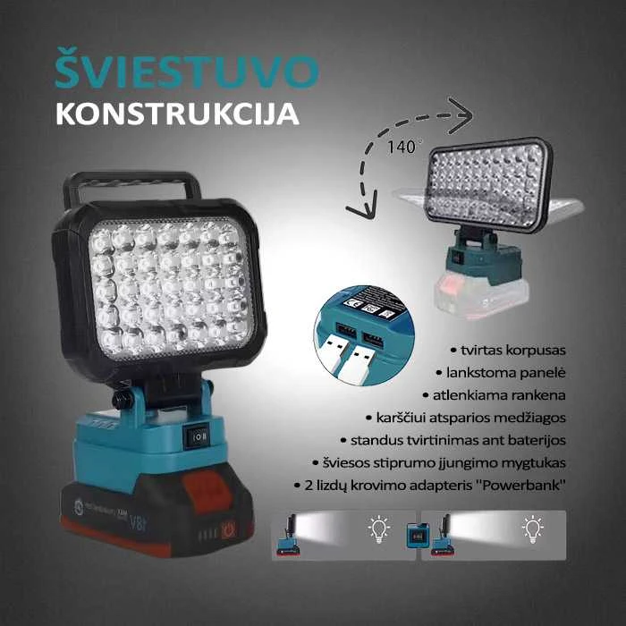 GZT LED šviestuvas Makita akumuliatoriams 18V L35 2200 Lm 16W USB2A-R