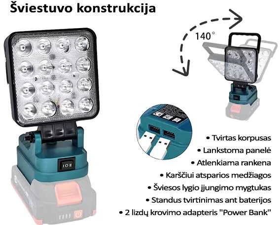 GZT LED šviestuvas Makita akumuliatoriams 18V L16 500 Lm 10W USB2A-R