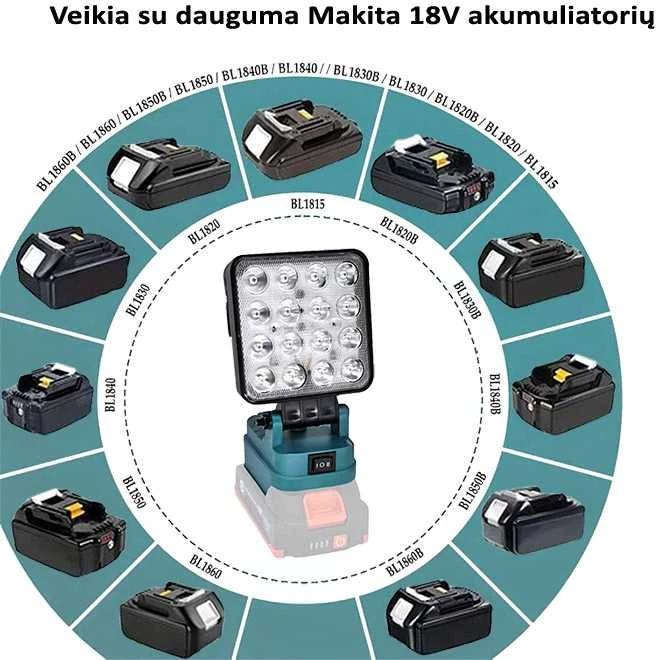 GZT LED šviestuvas Makita akumuliatoriams 18V L16 500 Lm 10W USB2A-R