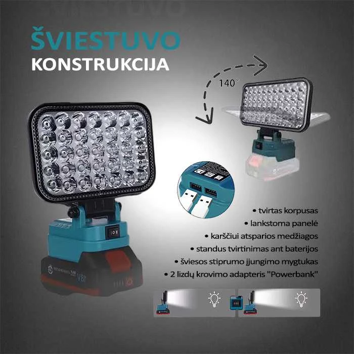 GZT LED šviestuvas Makita akumuliatoriams 18V L35 1900 Lm 15W USB2A