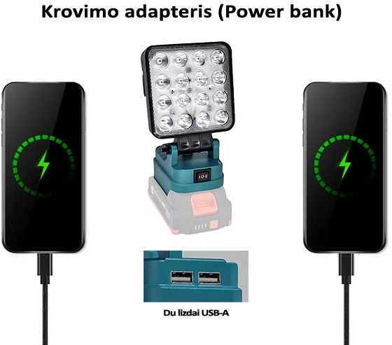 GZT LED šviestuvas Makita akumuliatoriams 18V L16 500 Lm 10W USB2A-R