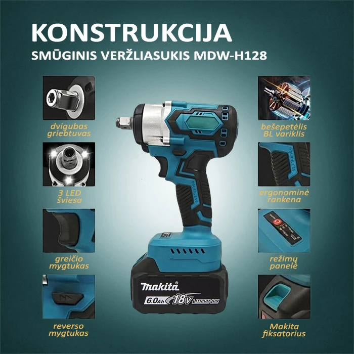 Smūginis veržliasukis Makita 18V akumuliatoriams MDW-H128