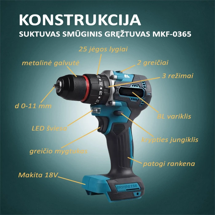 Suktuvas smūginis gręžtuvas Makita 18V akumuliatoriams MKF-0365