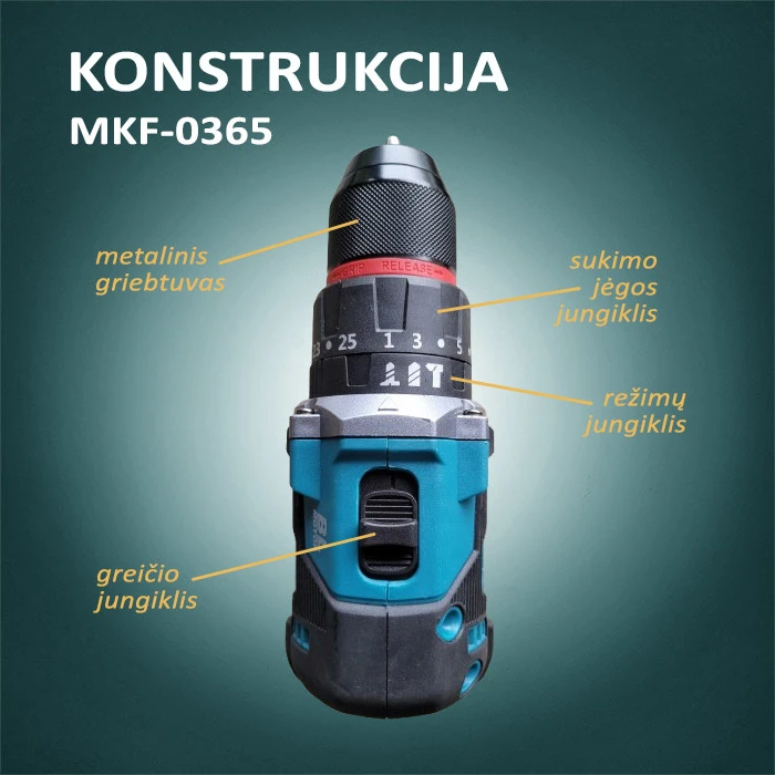 Suktuvas smūginis gręžtuvas Makita 18V akumuliatoriams MKF-0365