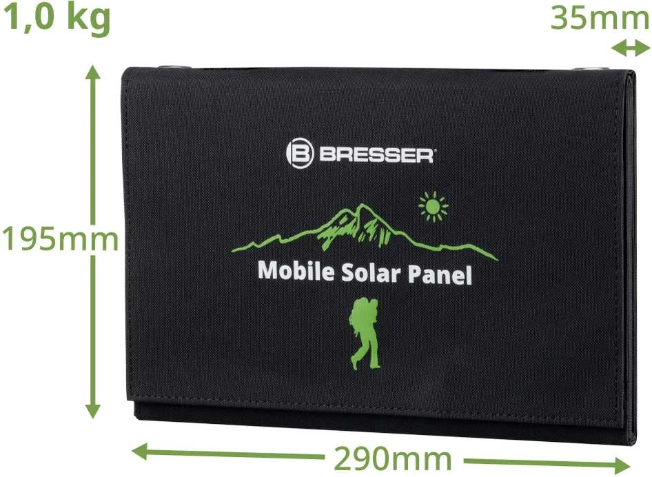 BRESSER mobilus saulės įkroviklis 21 vatų su USB ir nuolatinės srovės išvestimi
