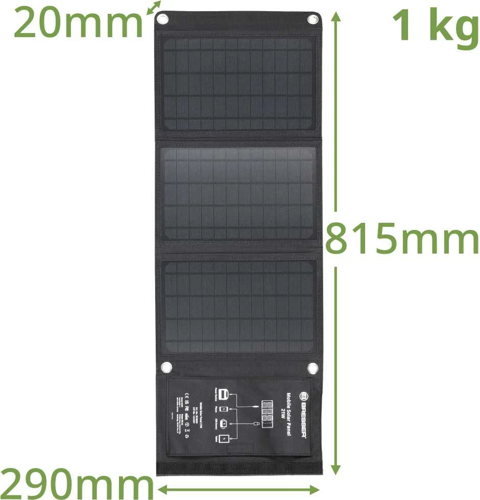 BRESSER mobilus saulės įkroviklis 21 vatų su USB ir nuolatinės srovės išvestimi