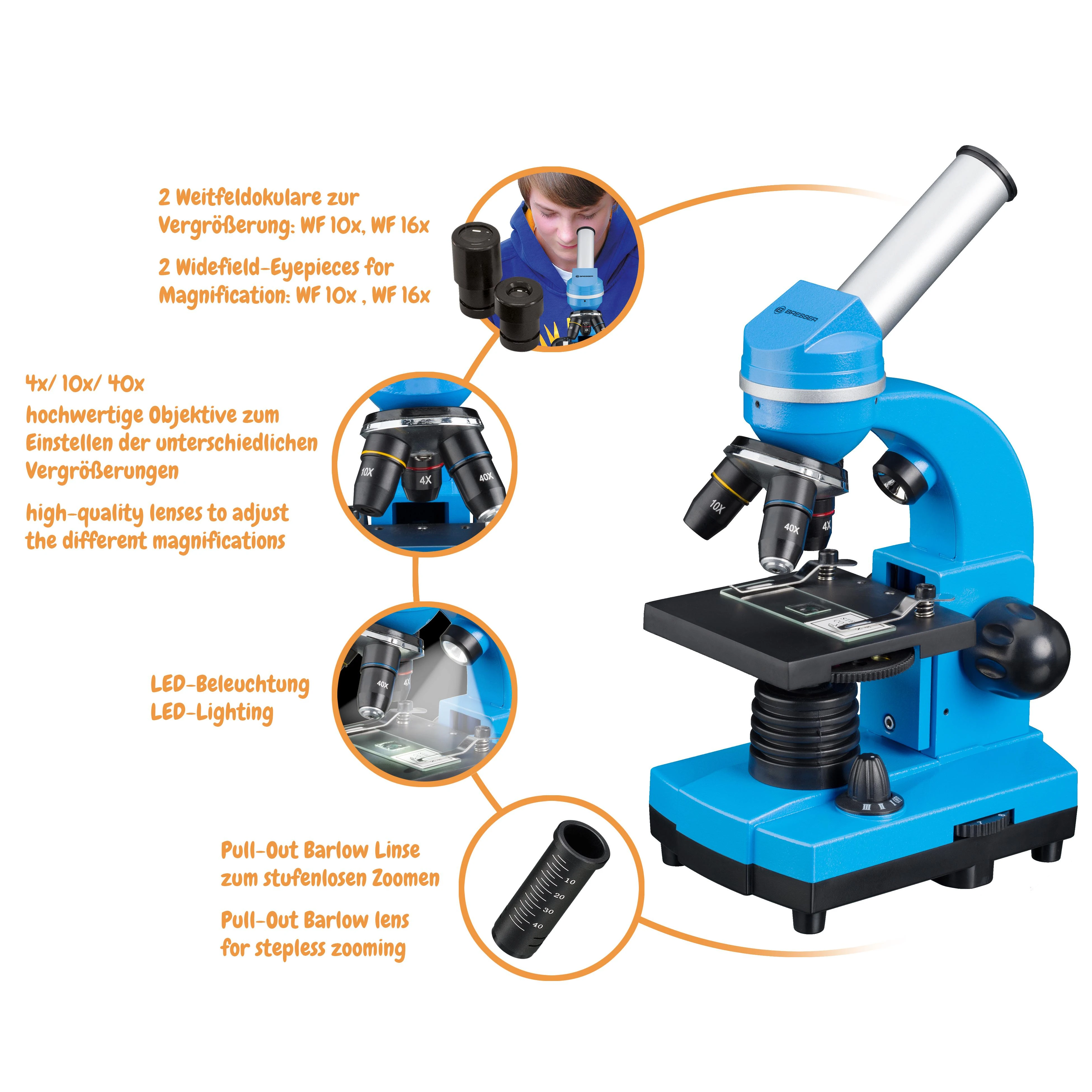 Mikroskopas Bresser Junior Biolux SEL 40–1600x, mėlynas