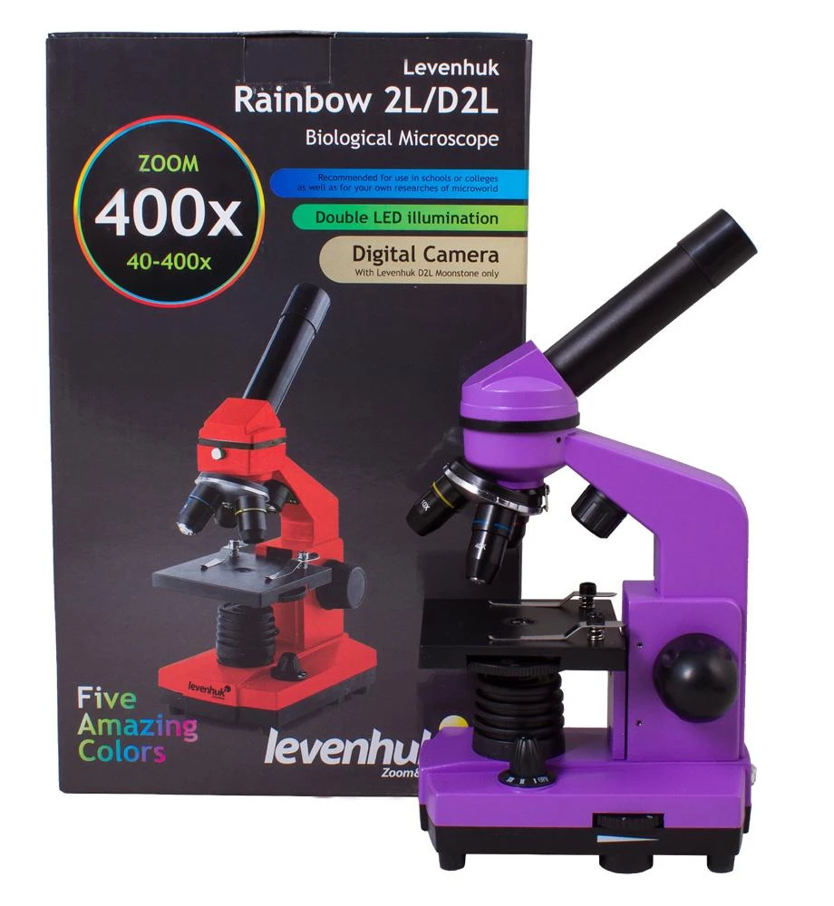 Mikroskopas Levenhuk Rainbow 2L Amethyst 40x - 400x su eksperimento komplektu K50