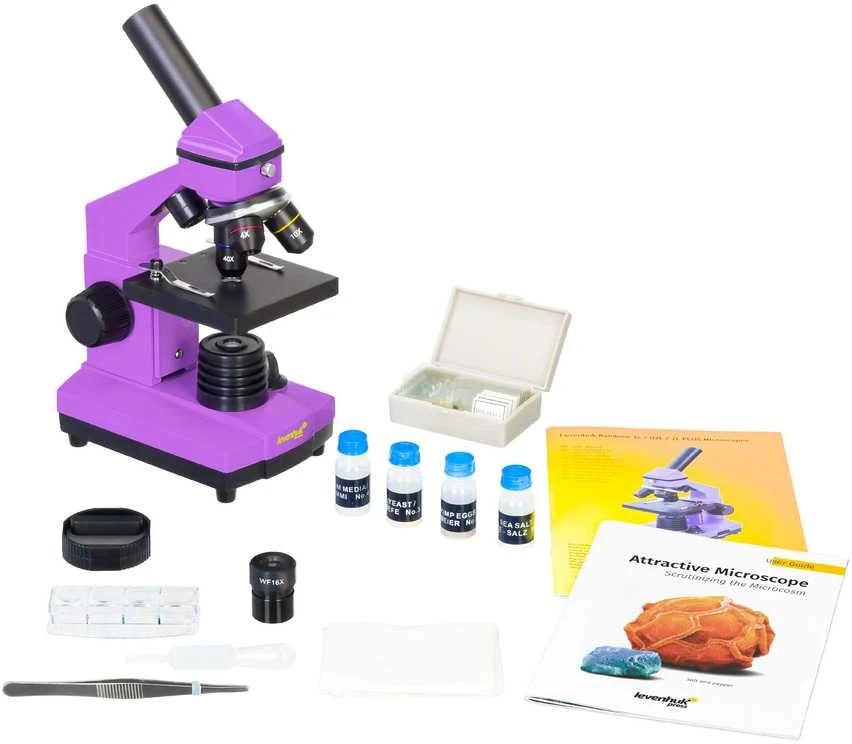Mikroskopas Levenhuk Rainbow 2L PLUS Amethyst 64x - 640x su eksperimento komplektu K50