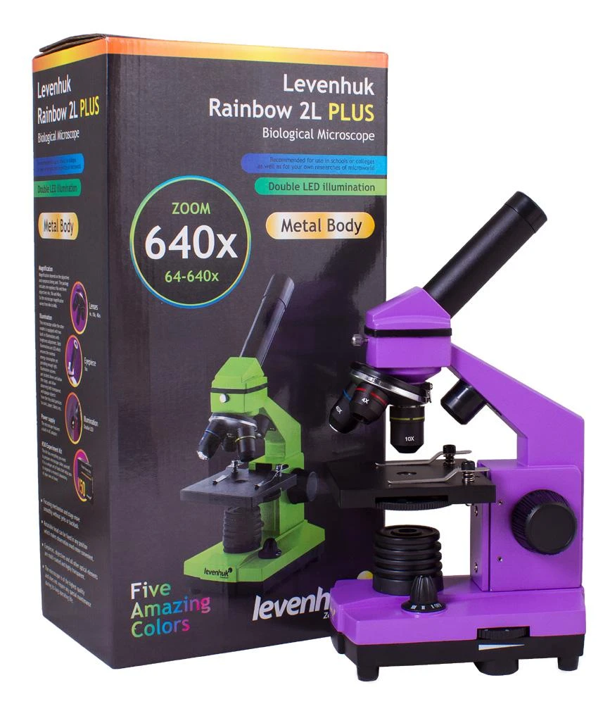 Mikroskopas Levenhuk Rainbow 2L PLUS Amethyst 64x - 640x su eksperimento komplektu K50