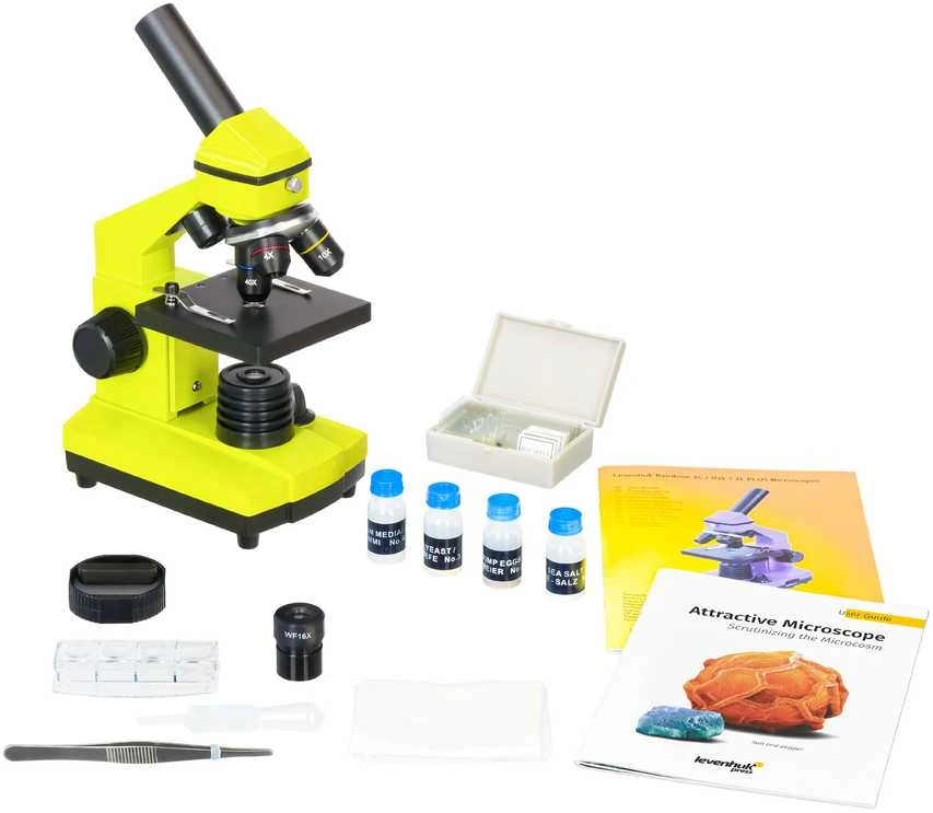 Mikroskopas Levenhuk Rainbow 2L PLUS Lime 64x - 640x su eksperimento komplektu K50