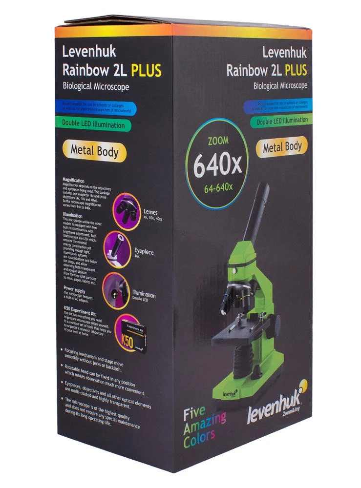 Mikroskopas Levenhuk Rainbow 2L PLUS Lime 64x - 640x su eksperimento komplektu K50