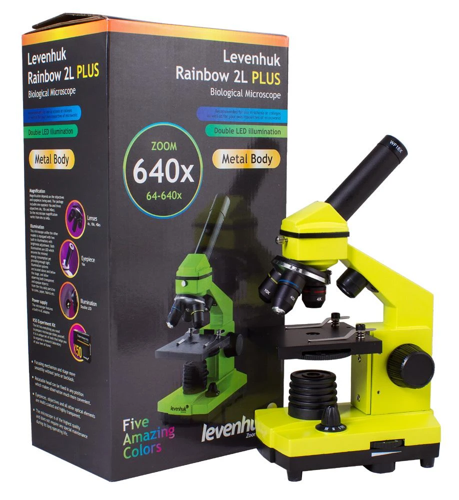 Mikroskopas Levenhuk Rainbow 2L PLUS Lime 64x - 640x su eksperimento komplektu K50