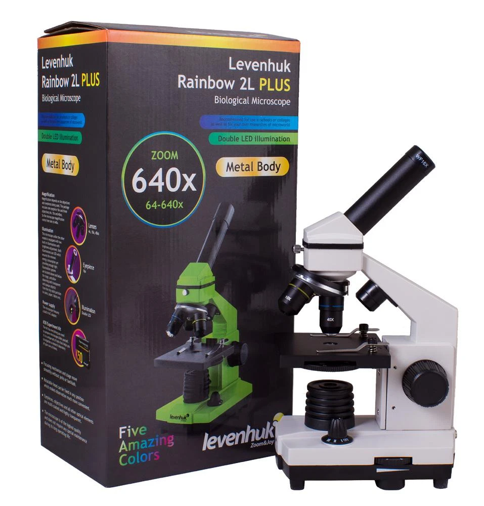 Mikroskopas Levenhuk Rainbow 2L PLUS Moonstone 64x - 640x su eksperimento komplektu K50
