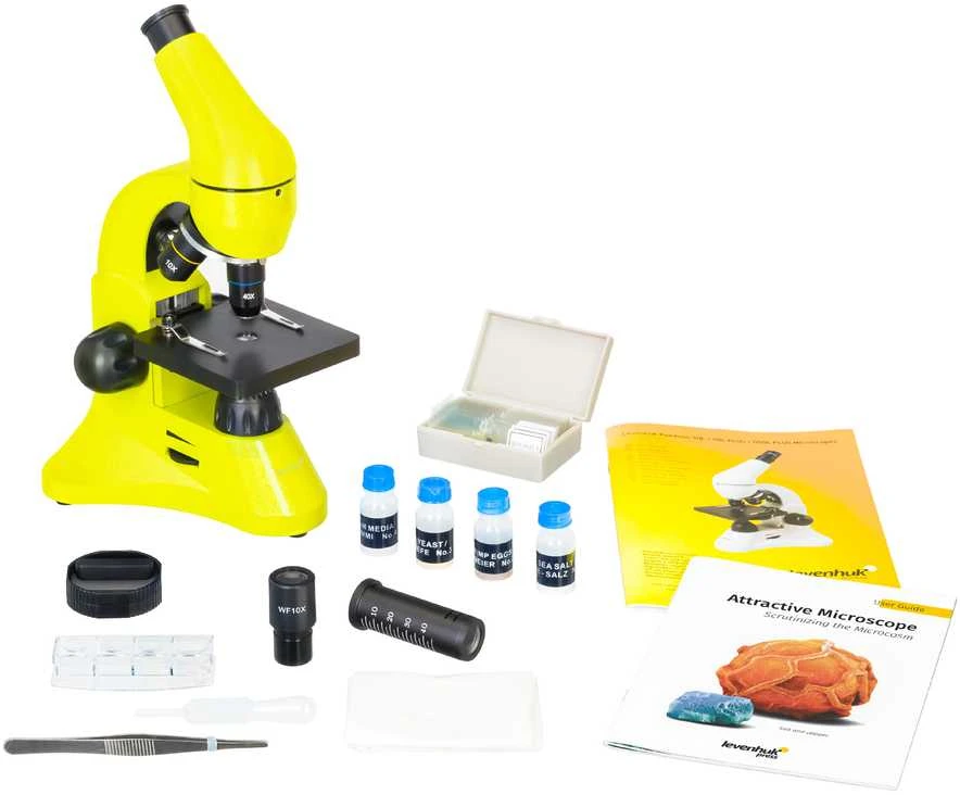 Mikroskopas Levenhuk Rainbow 50L Lime 40x - 800x su eksperimentiniu rinkiniu K50