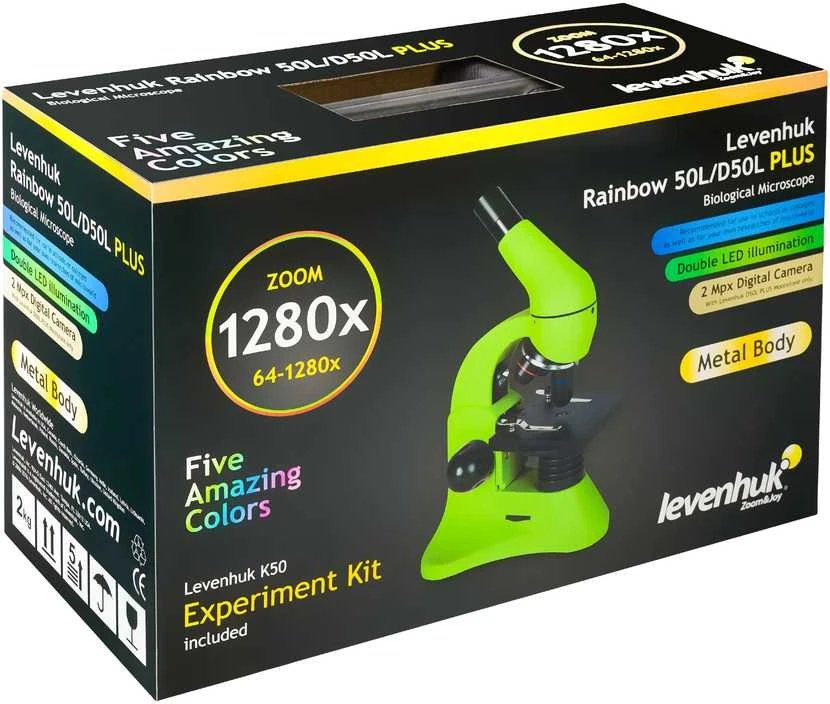 Mikroskopas Levenhuk Rainbow 50L PLUS Amethyst 64x–1280x su eksperimentiniu rinkiniu K50