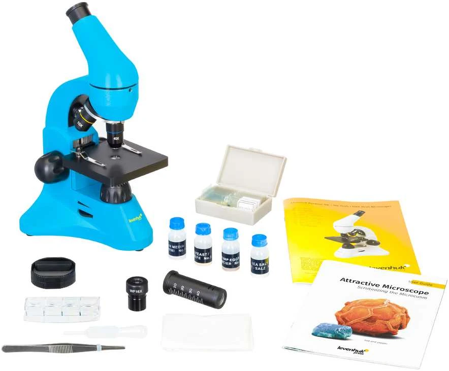 Mikroskopas Levenhuk Rainbow 50L PLUS Azure 64x–1280x su eksperimentiniu rinkiniu K50