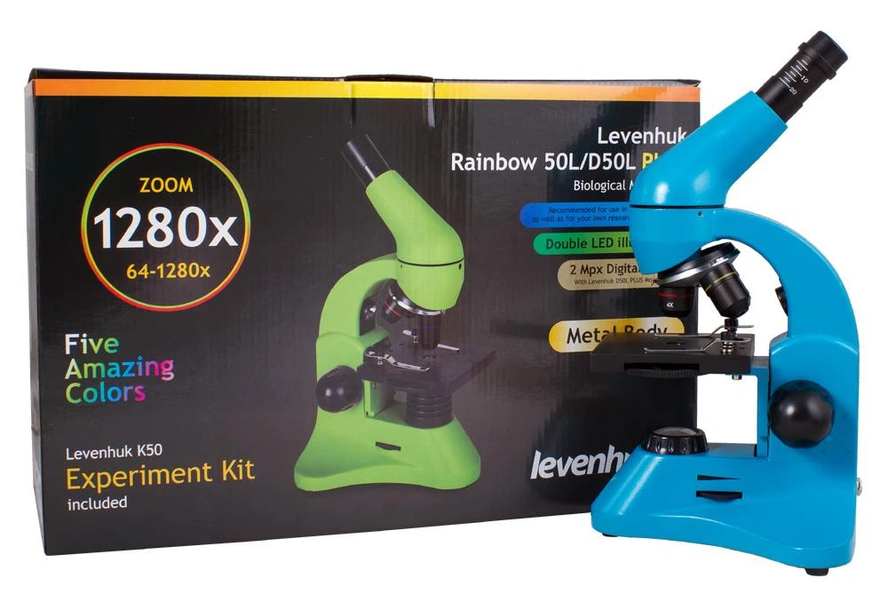 Mikroskopas Levenhuk Rainbow 50L PLUS Azure 64x–1280x su eksperimentiniu rinkiniu K50