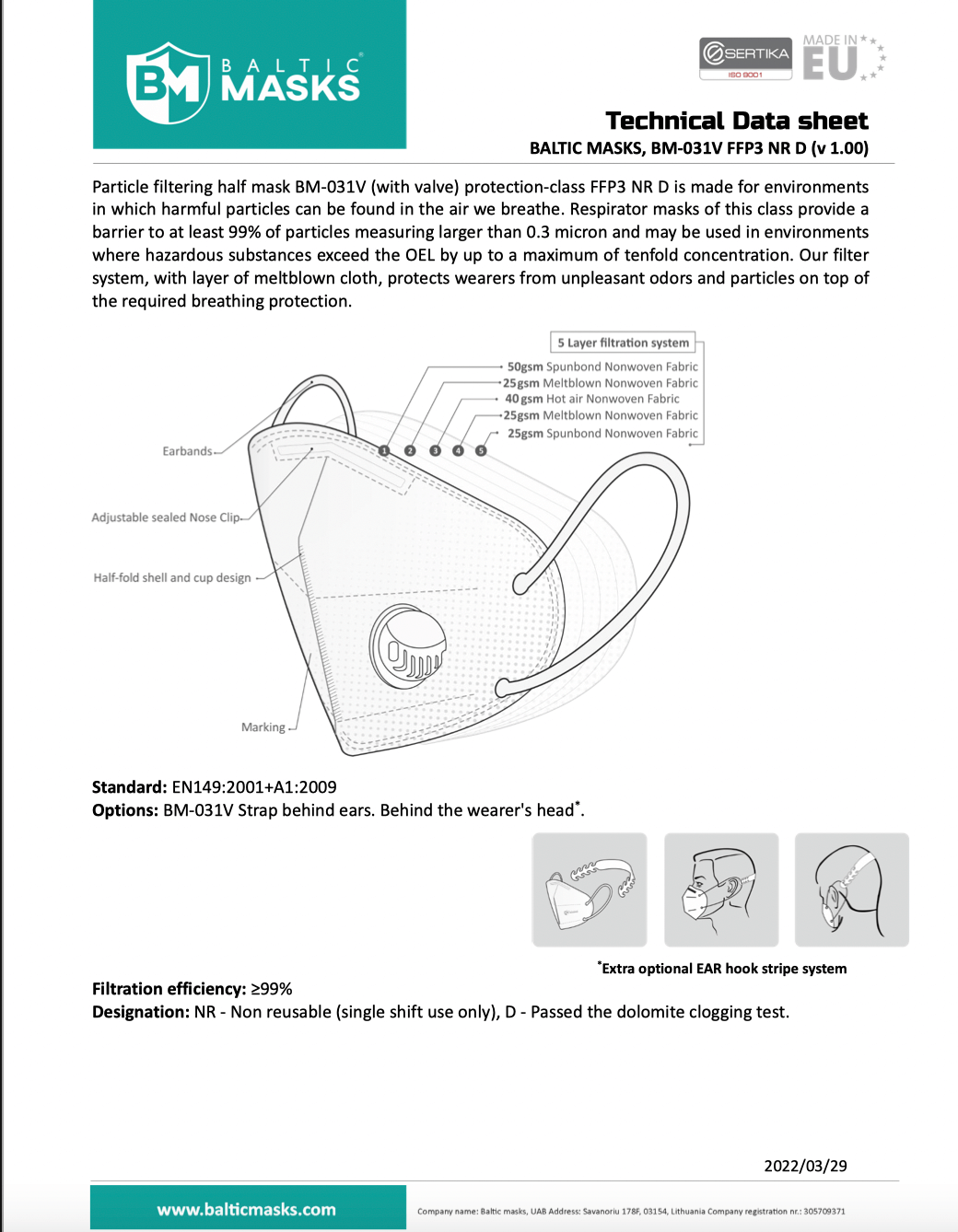 Baltic Masks Respiratorius FFP3 su vožtuvu (5vnt.) BM031V NR D, žema
