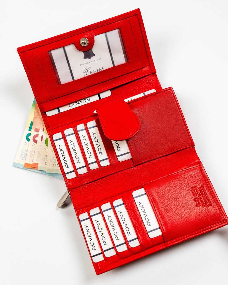 Raudona moteriška odinė piniginė su RFID apsauga - Rovicky