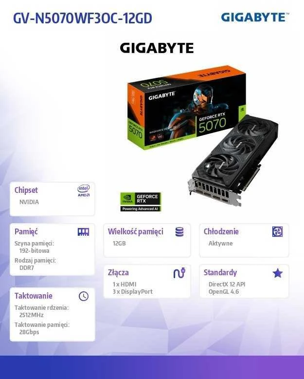 Vaizdo plokštė Gigabyte GeForce RTX 5070 WINDFORCE OC SFF 12G | NVIDIA | 12 GB | GeForce RTX 5070 | HDMI jungtys kiekis 1 | PCI-E 5.0
