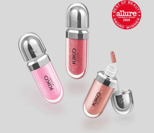Kiko Milano mini lūpų blizgių rinkinys: 3 drėkinamieji lūpų blizgesiai su apimties suteikiančiu 3D efektu