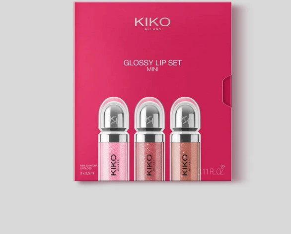 Kiko Milano mini lūpų blizgių rinkinys: 3 drėkinamieji lūpų blizgesiai su apimties suteikiančiu 3D efektu