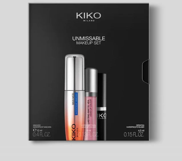 Kiko Milano Unmissable makiažo rinkinys: blakstienų tušas, vandeniui atsparus akių pieštukas ir skysti matiniai lūpų dažai