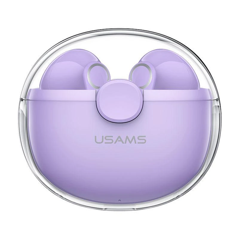 Usams BU12 TWS violetinės ausinės su permatomu dėklu