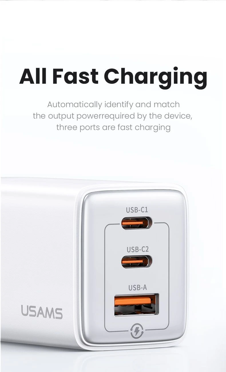 USAMS CC180 65W PD QC USB A+C+C aprašymas - Prekės nuotrauka