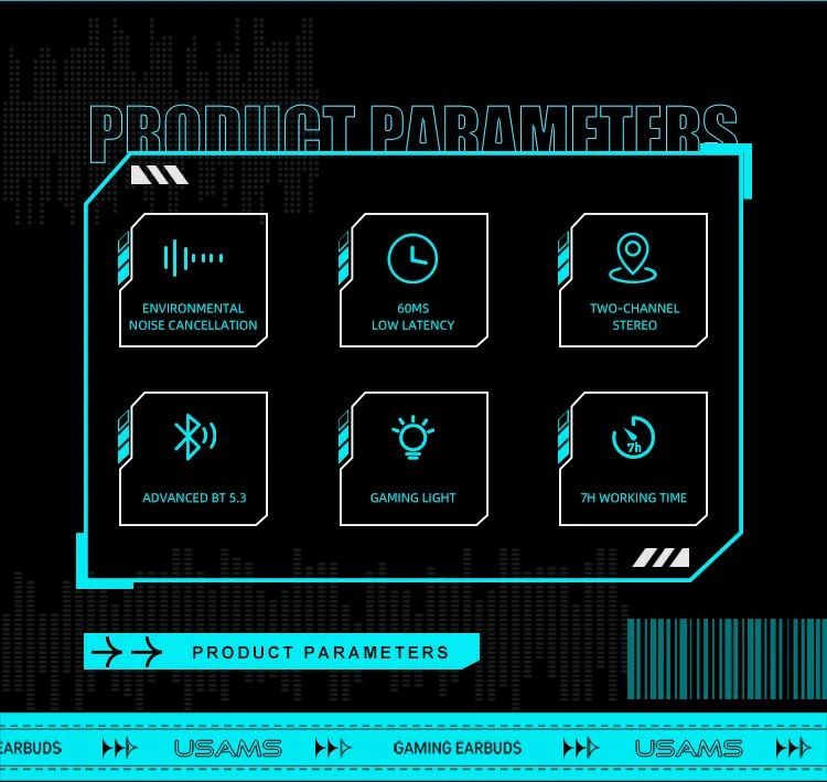 Ausinės Usams XJ13 Dual-mic ENC Gaming TWS, juodas aprašymas - Prekės nuotrauka