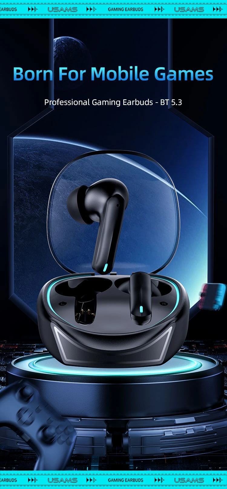 Ausinės Usams XJ13 Dual-mic ENC Gaming TWS, juodas aprašymas - Prekės nuotrauka
