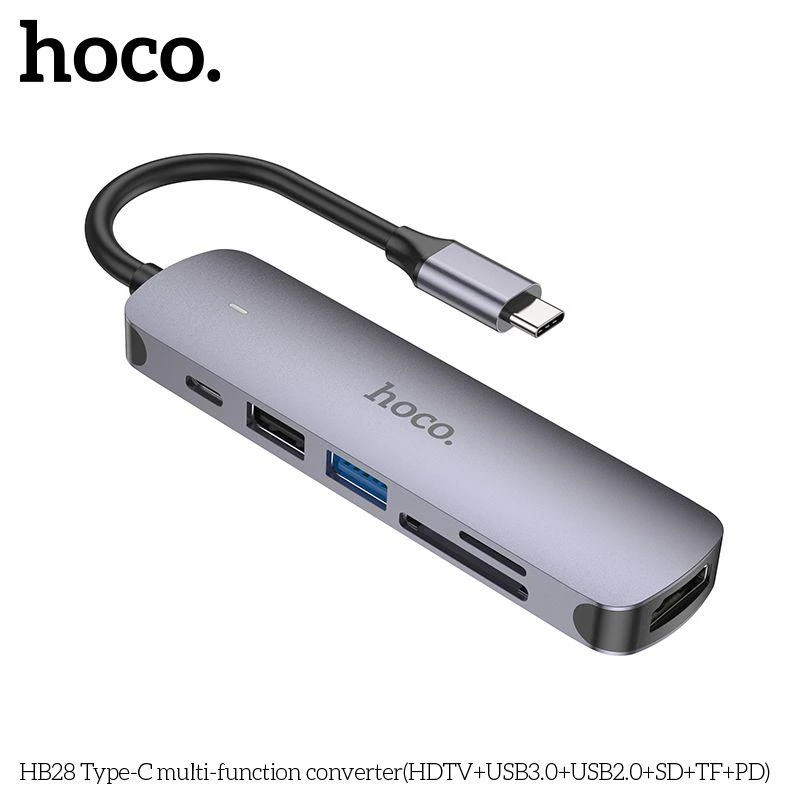 Adapteris Hoco HB28 Type-C daugiafunkcis keitiklis HDMI+USB3.0+USB2.0+SD+TF+PD pilkas